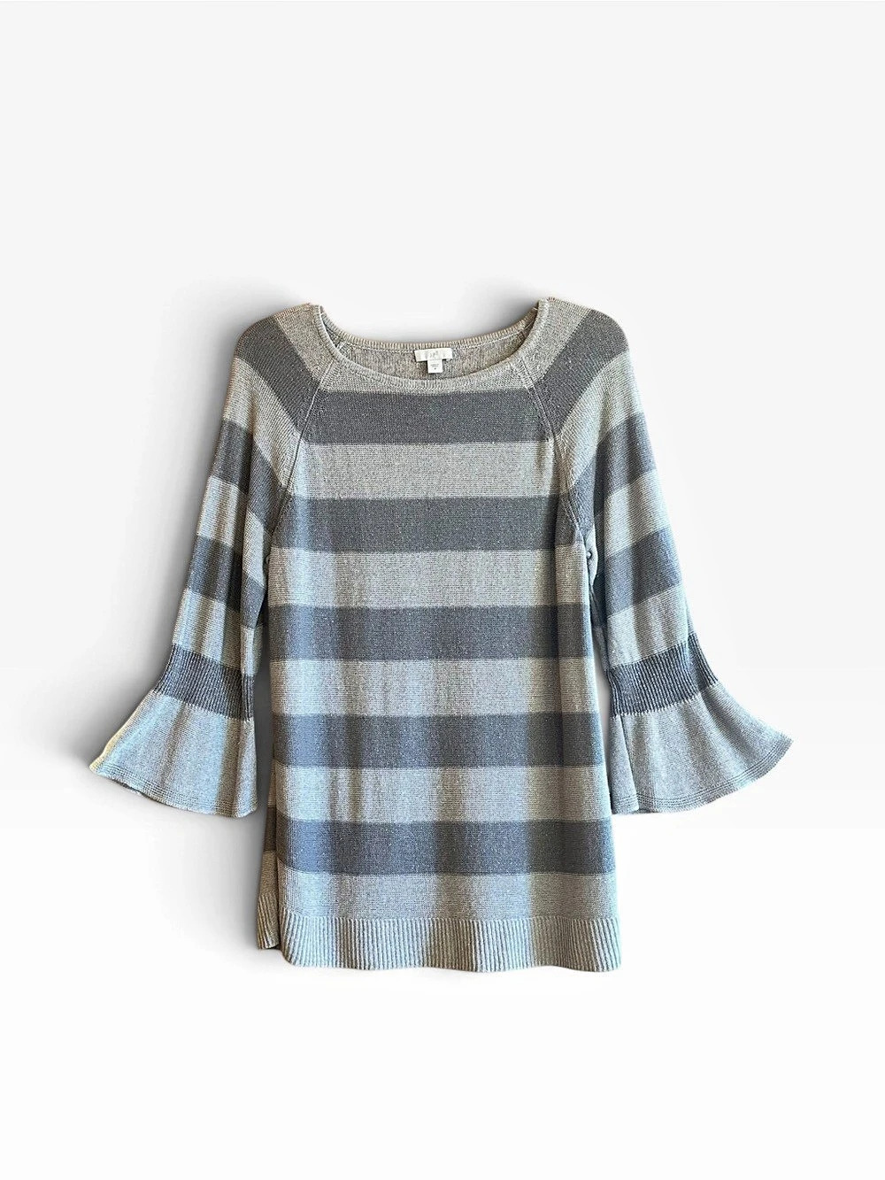 J. Jill Sweater Womens M Gray Striped Linen Blend Metallic Bell Sleeve Coastal